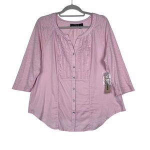 NWT DKNY Jeans Women's Pleated Cotton Peasant Blouse Pink Shirt Size Medium